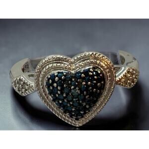 SUN Sterling Silver 925 Heart-Shaped Blue Diamond Ring Size 7 Marcasite 3g